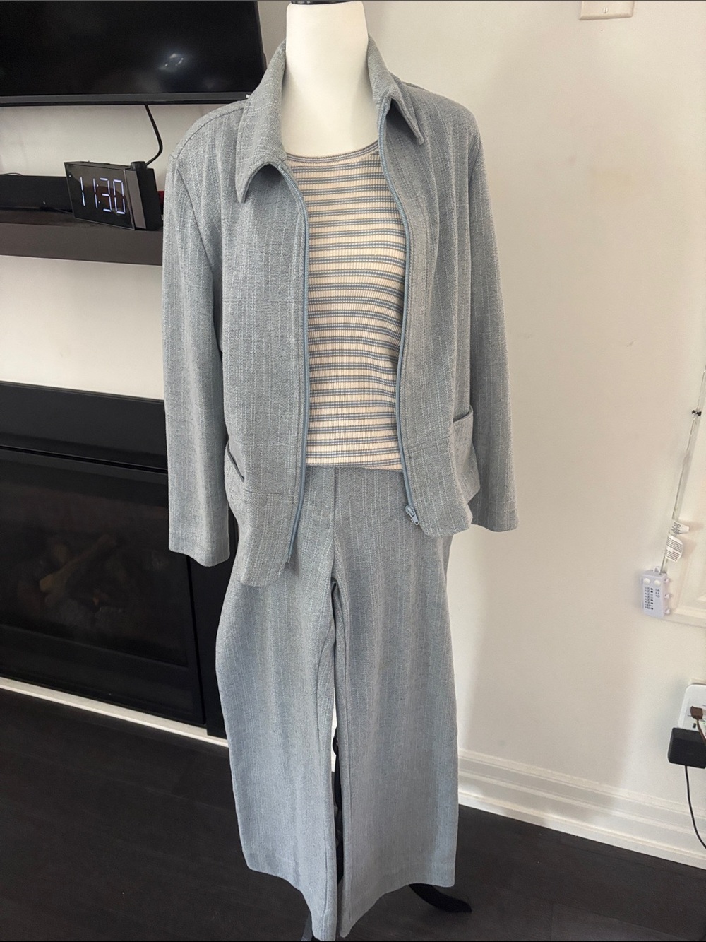 Vintage Weekenders Light Blue Ribbed Knit Jacket & Wide-Leg Pants Set